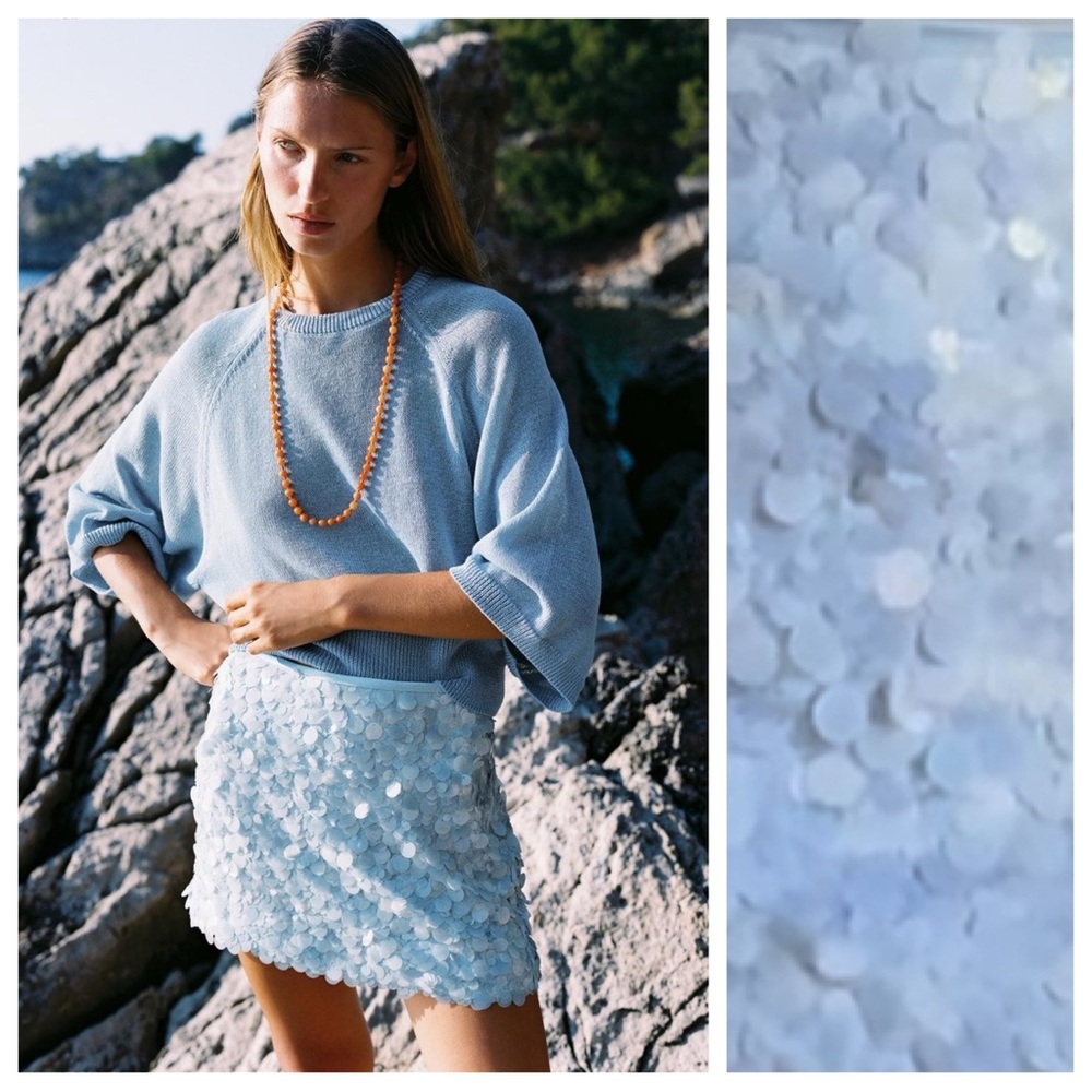 NWT. Zara Light Blue Short Sequined High Waist Mini Skirt. Size S.